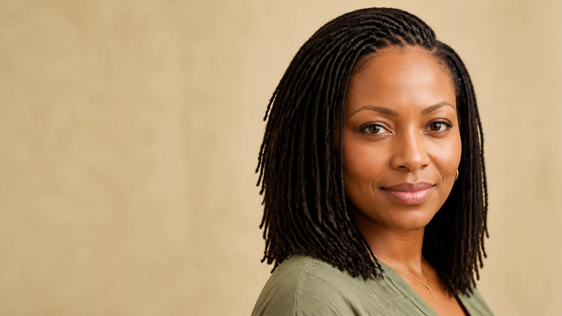 A woman with beautifully maintained locs in warm studio light
